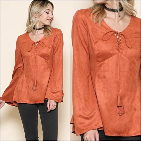📍SALE Soft Suede Boho Bell Sleeve Top S - Picture 2 of 5